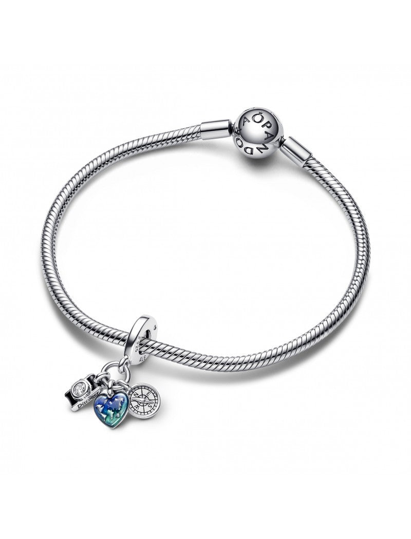 Breloque triple pendentif appareil photo, cœur et boussole