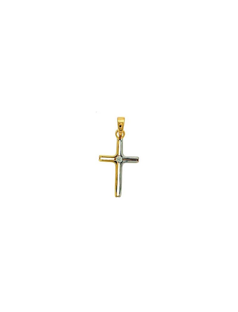 PENDENTIF OR 9 KT - BICOLORE - ZIRCONIA - CROIX
