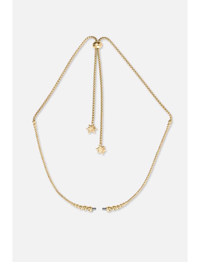 Collier Edelweiss en acier inoxydable et traitement de surface PVD doré, réglable en taille et recto-verso. Recto avec système de fermoir, verso avec décors fixes en laiton avec traitement de surface PVD doré.