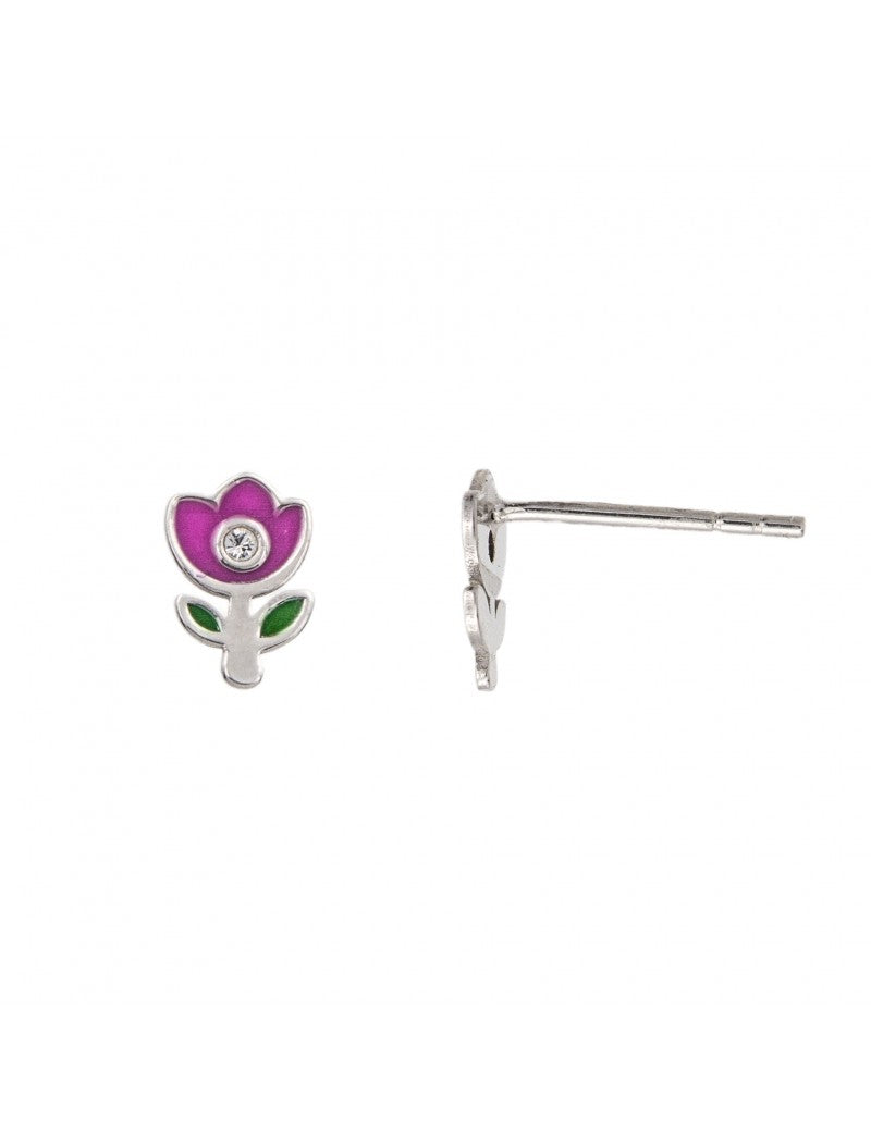 BOUCLES D'OREILLES ARGENT RHODIE - FLEUR - EMAIL ROSE ET VERTE - ZIRCONIA