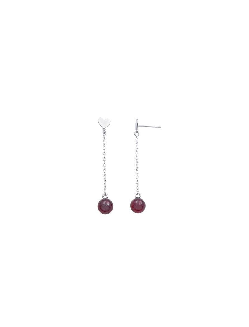 BOUCLES D'OREILLES ARGENT RHODIE - COEUR - PIERRE SYNTHETIQUE ROUGE