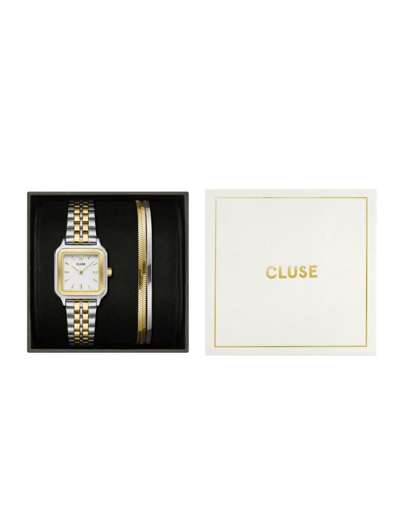 Coffret Cadeau Gracieuse Petite Montre Acier & Bracelet Double Serpent, Bicolore