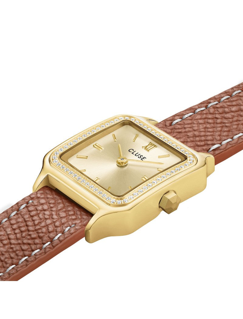 Montre Gracieuse Petite Double Cuir, Pierres Blanches, Coquille de Noix, Couleur Or
