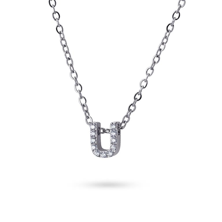 Collier femme acier lettre U zirconia gris 38cm