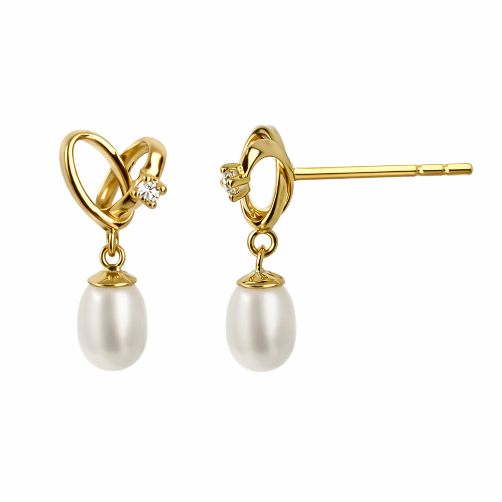 Clou oreille femme or jaune 9k coeur zirkonia perle de culture