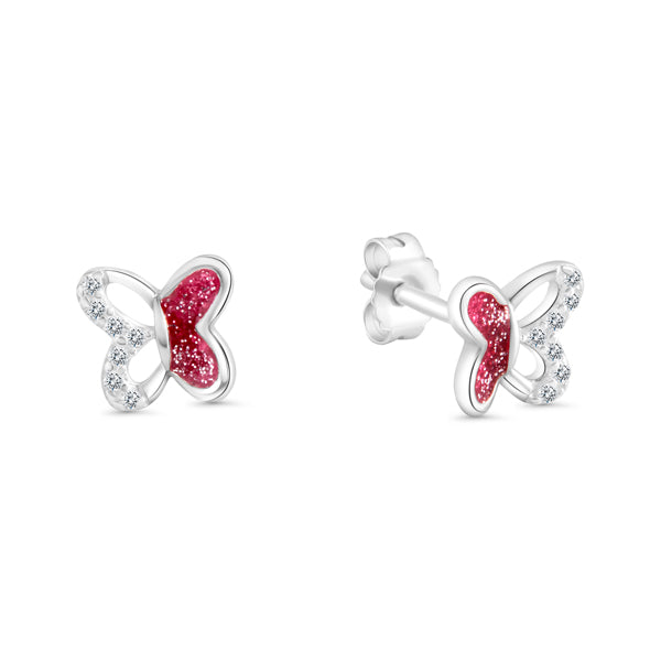 Clous d'oreilles enfant argent papillon zirconia rose