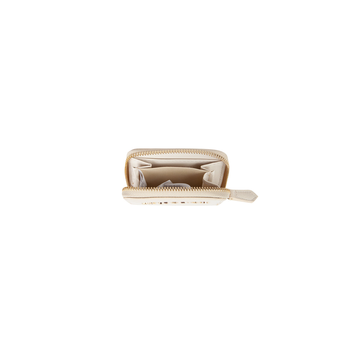 Portefeuille femme zippé beige doré lettres métal