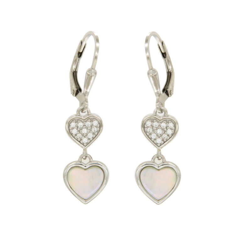 BOUCLES D'OREILLES ARGENT RHODIE - COEUR - ZIRCONIA - NACRE