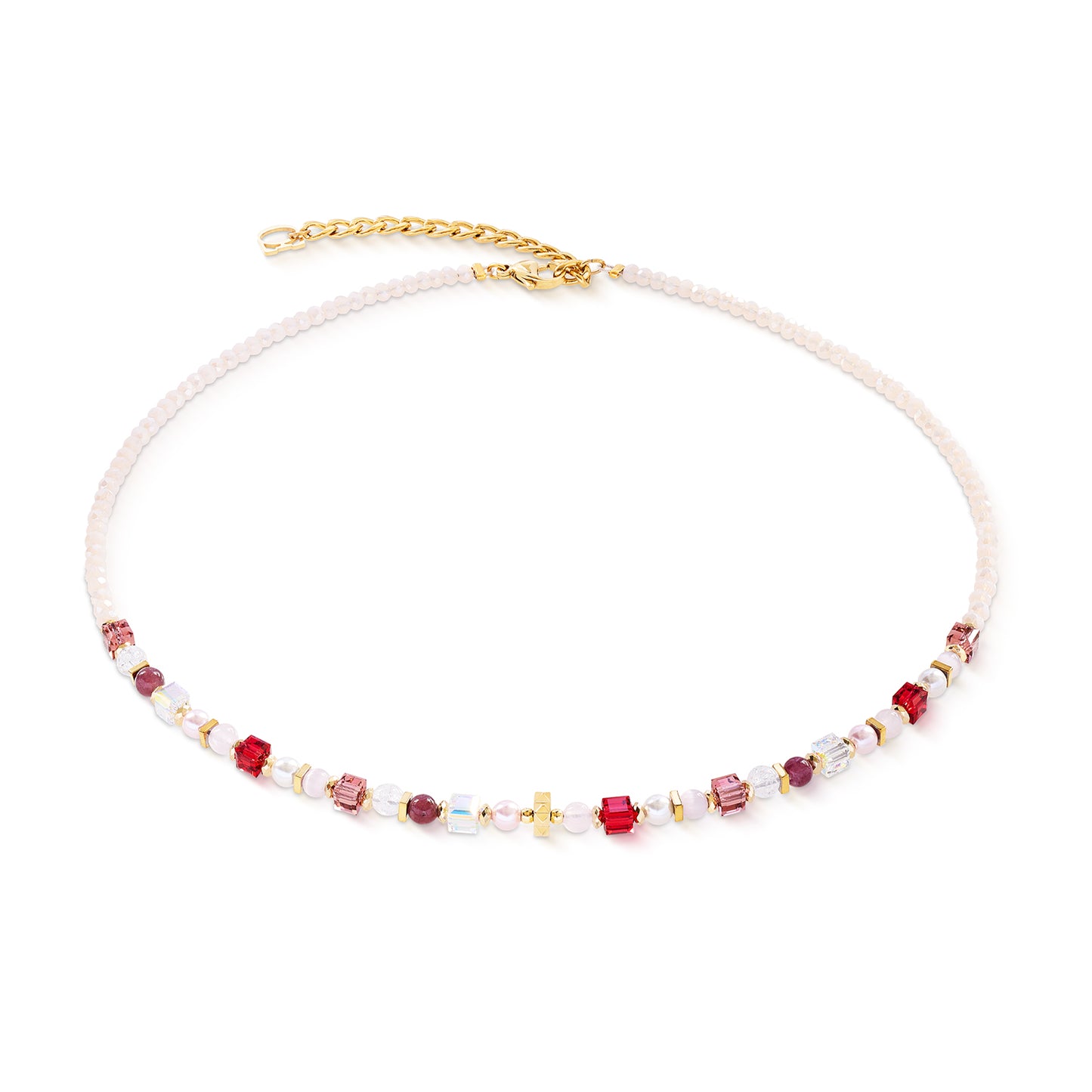 Lépidolite, quartz rose, cristal de roche, œil de tigre synthétique.