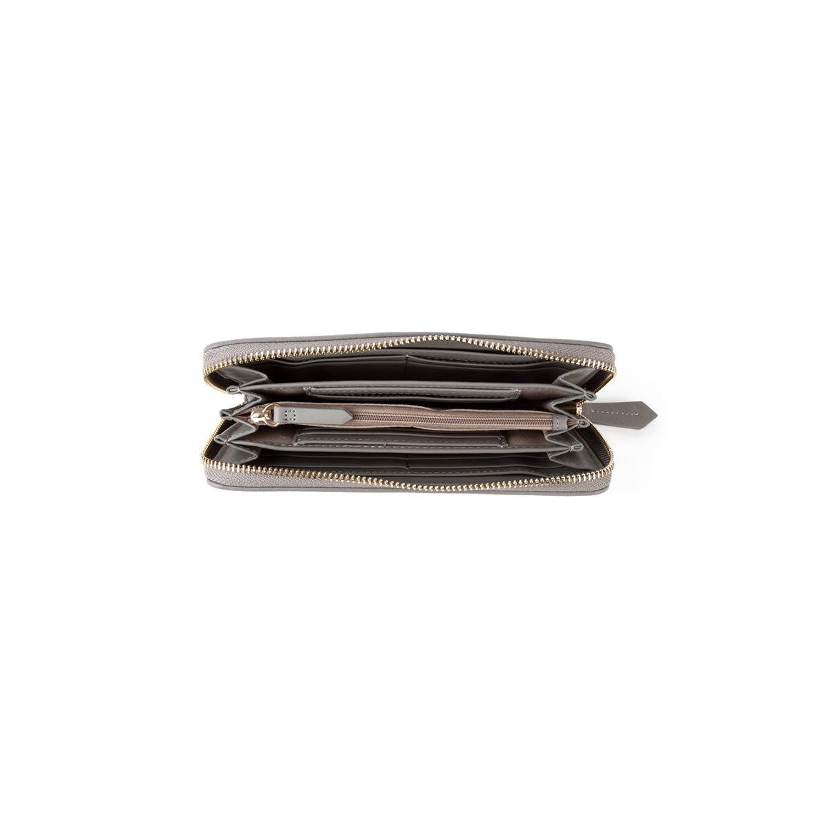 Portefeuille femme zippé saffiano gris clair doré