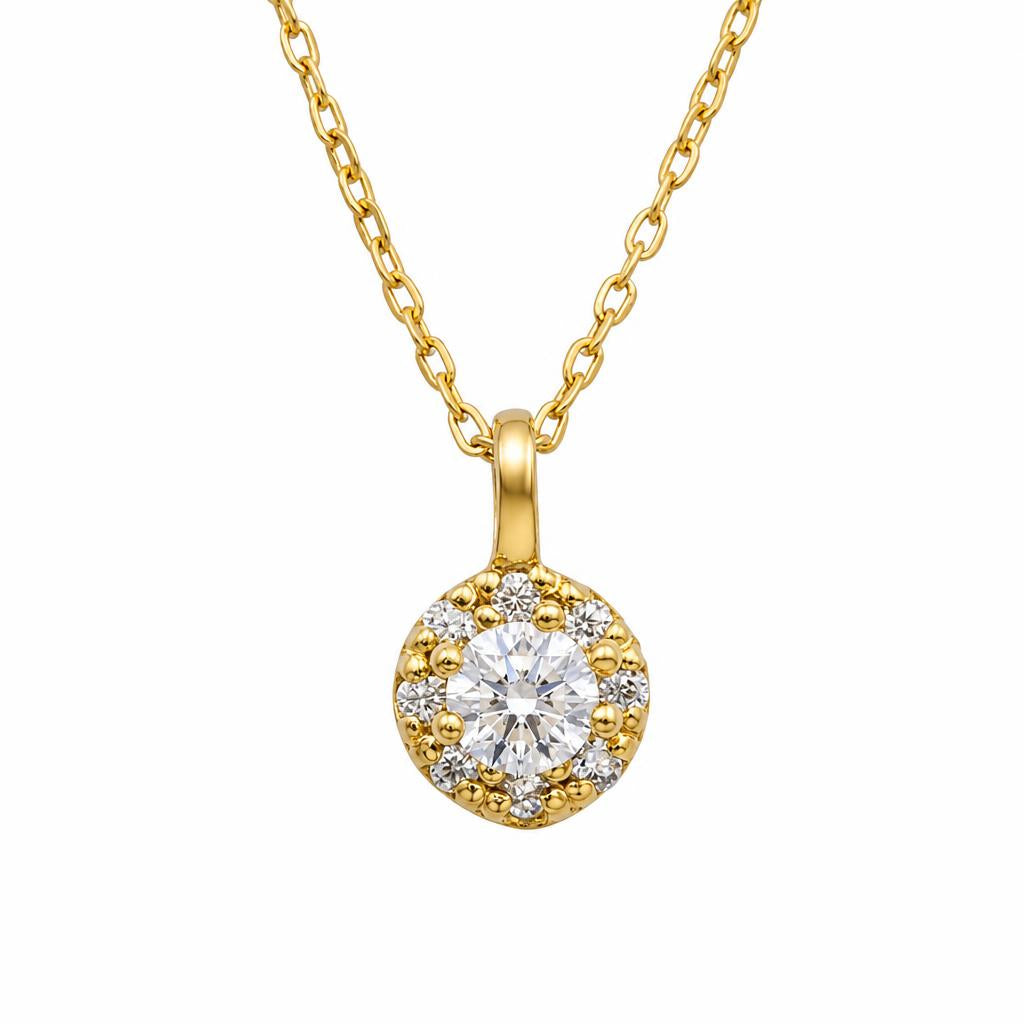 Collier femme or jaune 9 carats pendant zirkonia halo