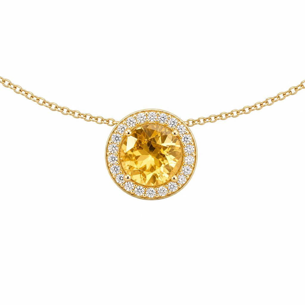Collier femme or jaune 9k citrine et zirkonia halo