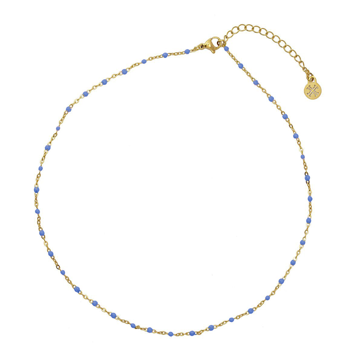 Collier femme acier doré perles émail bleu 40+5 cm