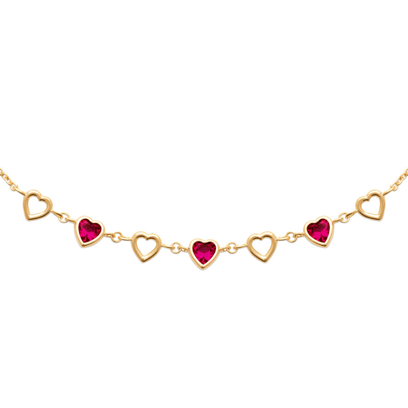 Collier femme plaqué or jaune cœurs zirconia rouge