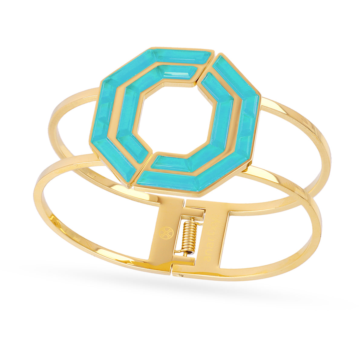 Bracelet femme acier doré pierres turquoise motif octogone