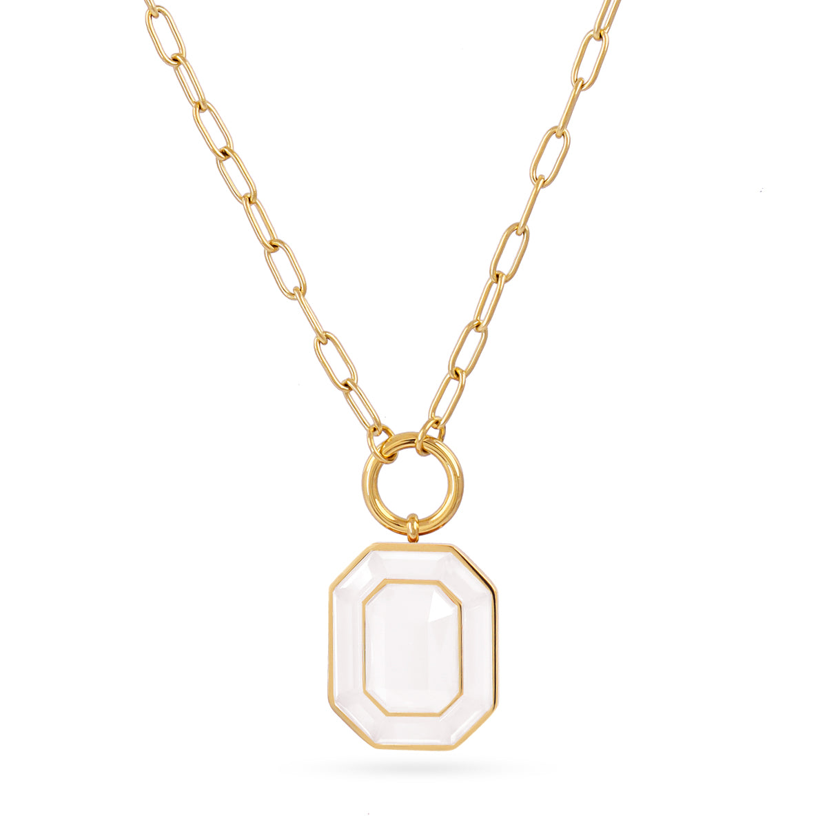 Collier femme acier doré pendentif cristal blanc octogonal
