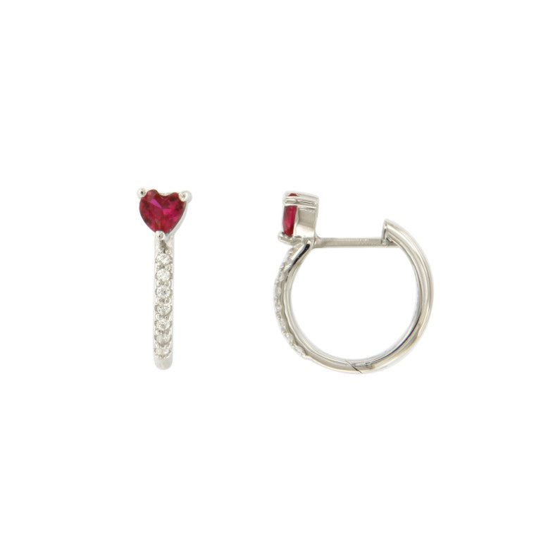 Créoles femme argent rhodié rubis cœur et zirconia 15mm
