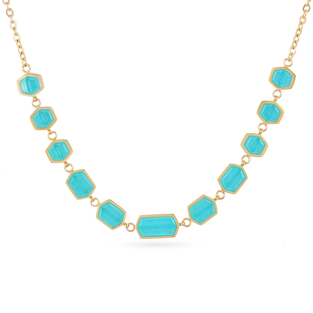 Collier femme acier doré pierres synthétiques turquoise