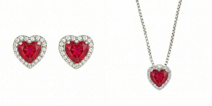PARURE ARGENT RHODIE COEUR - ZIRCONIA - RUBIS SYNTHETIQUE