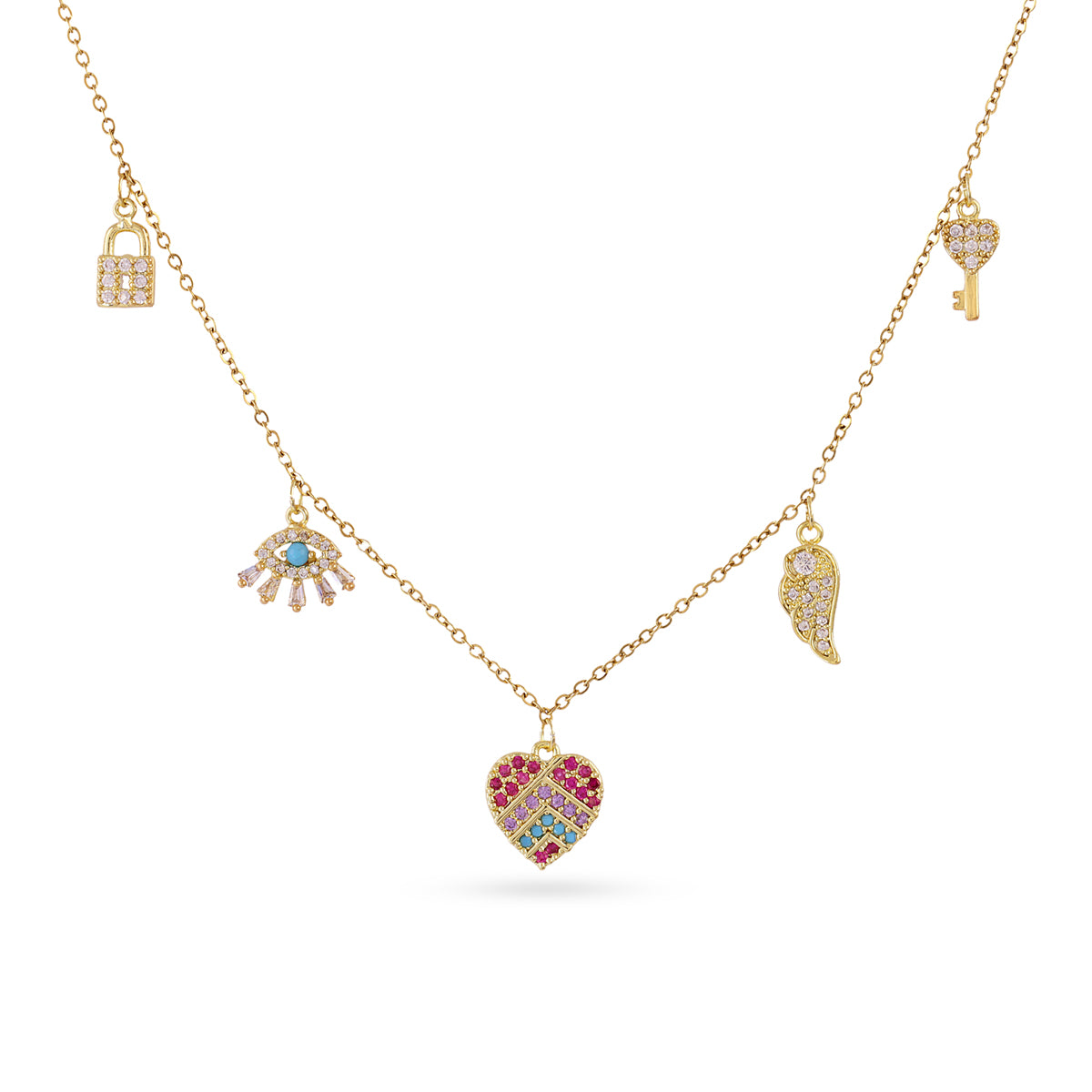 COLLIER - ACIER DORE - ZIRCONIA MULTICOLORE - COEUR