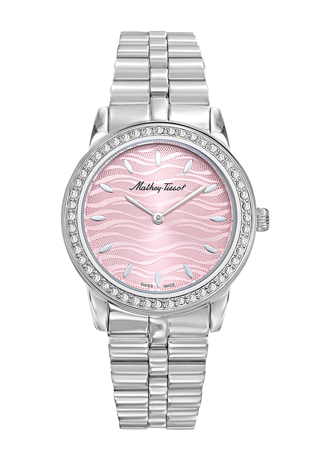 Montre femme acier argenté cadran rose cristaux Swiss Made