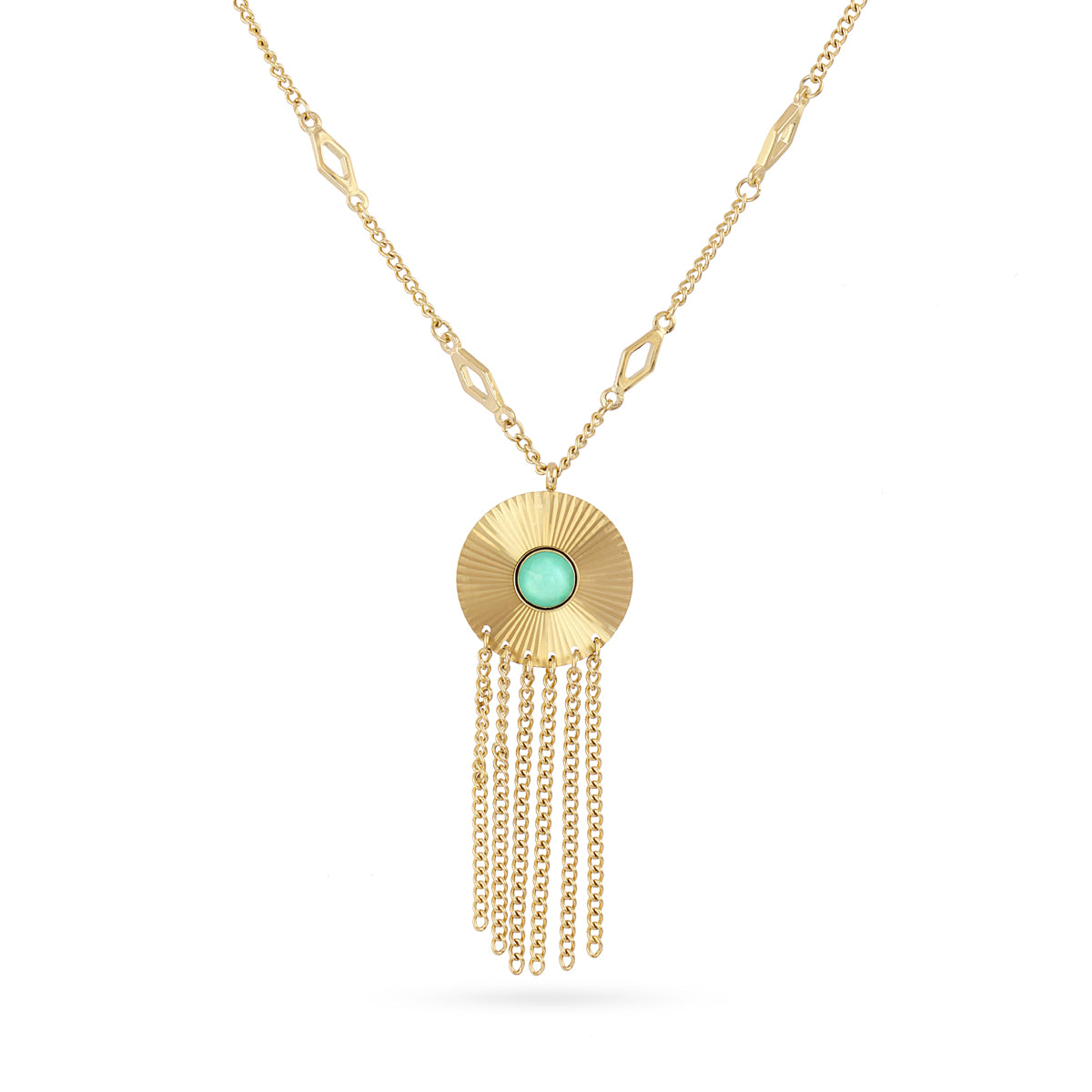 Collier femme acier doré médaillon pierre verte franges