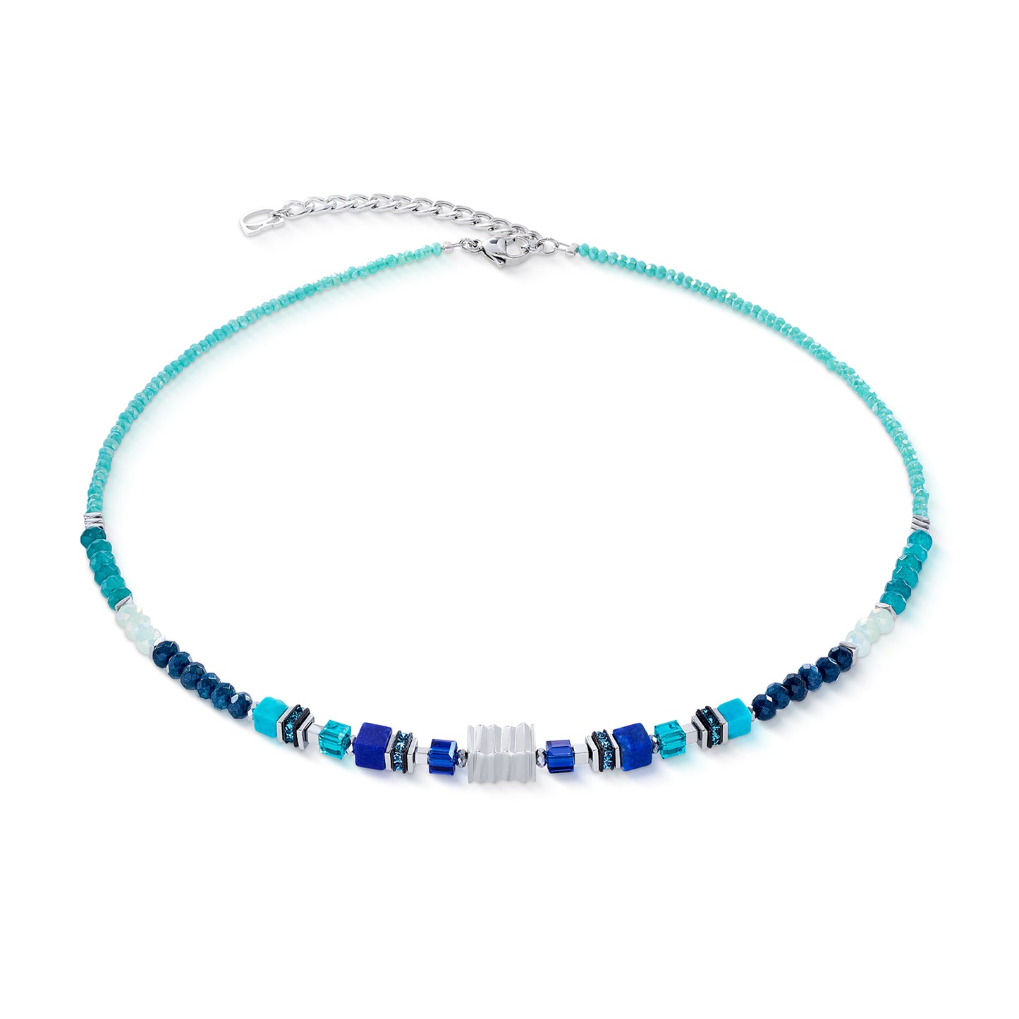 Lapis-lazuli, turquoise, jade teinté, hématite avec finition à l'oxyde de titane, rondelles de strass, verre taillé, acier inoxydable