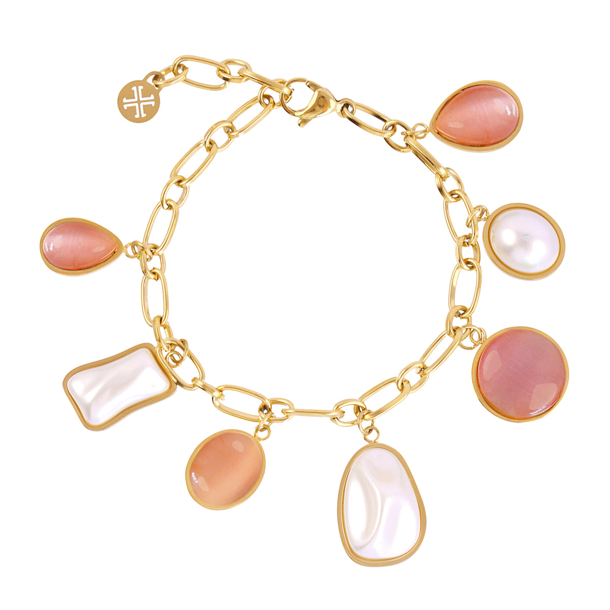 BRACELET - ACIER DORE - PIERRE SYNTHETIQUE ROSE ET BLANCHE