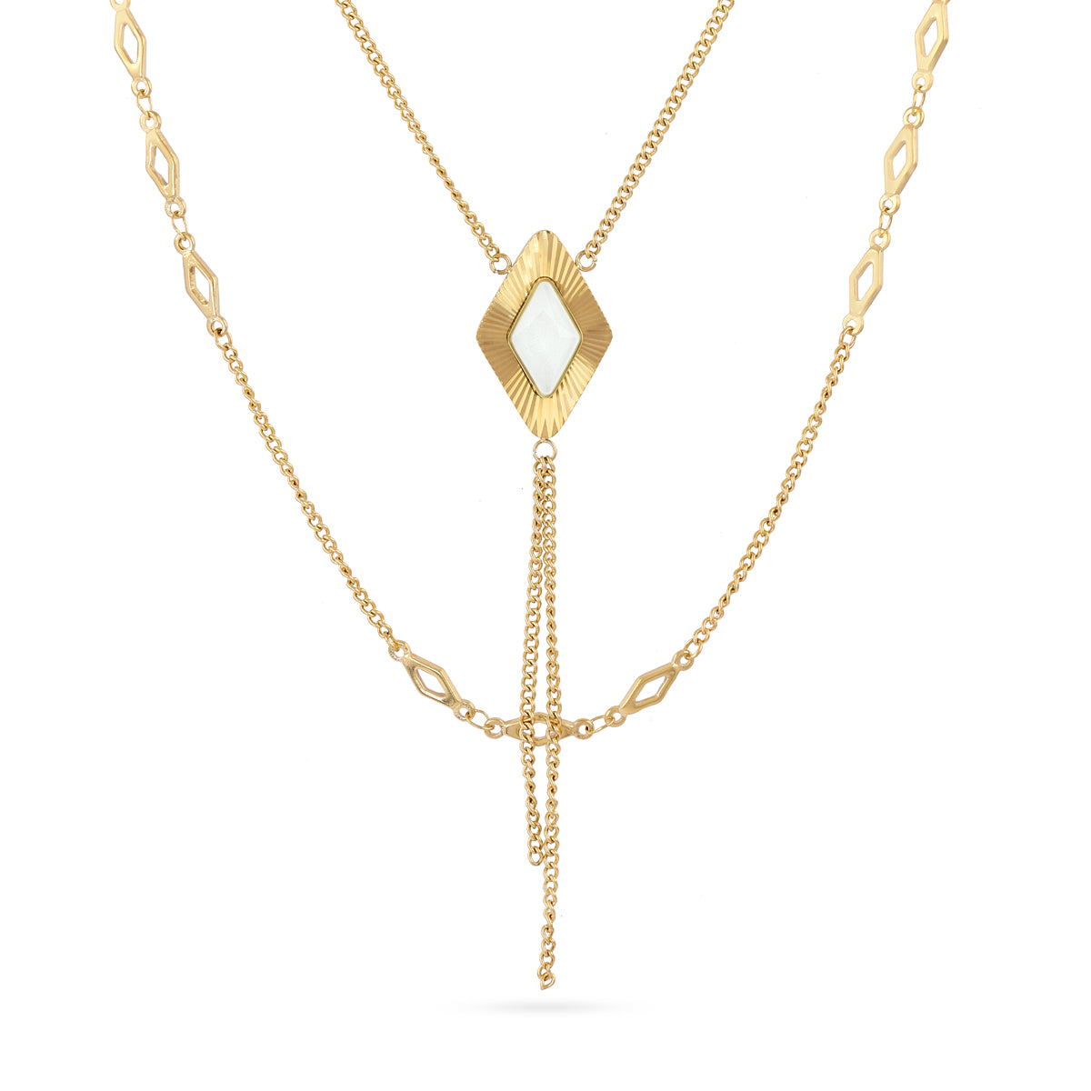 COLLIER - ACIER DORE - PIERRE SYNTHETIQUE BLANCHE