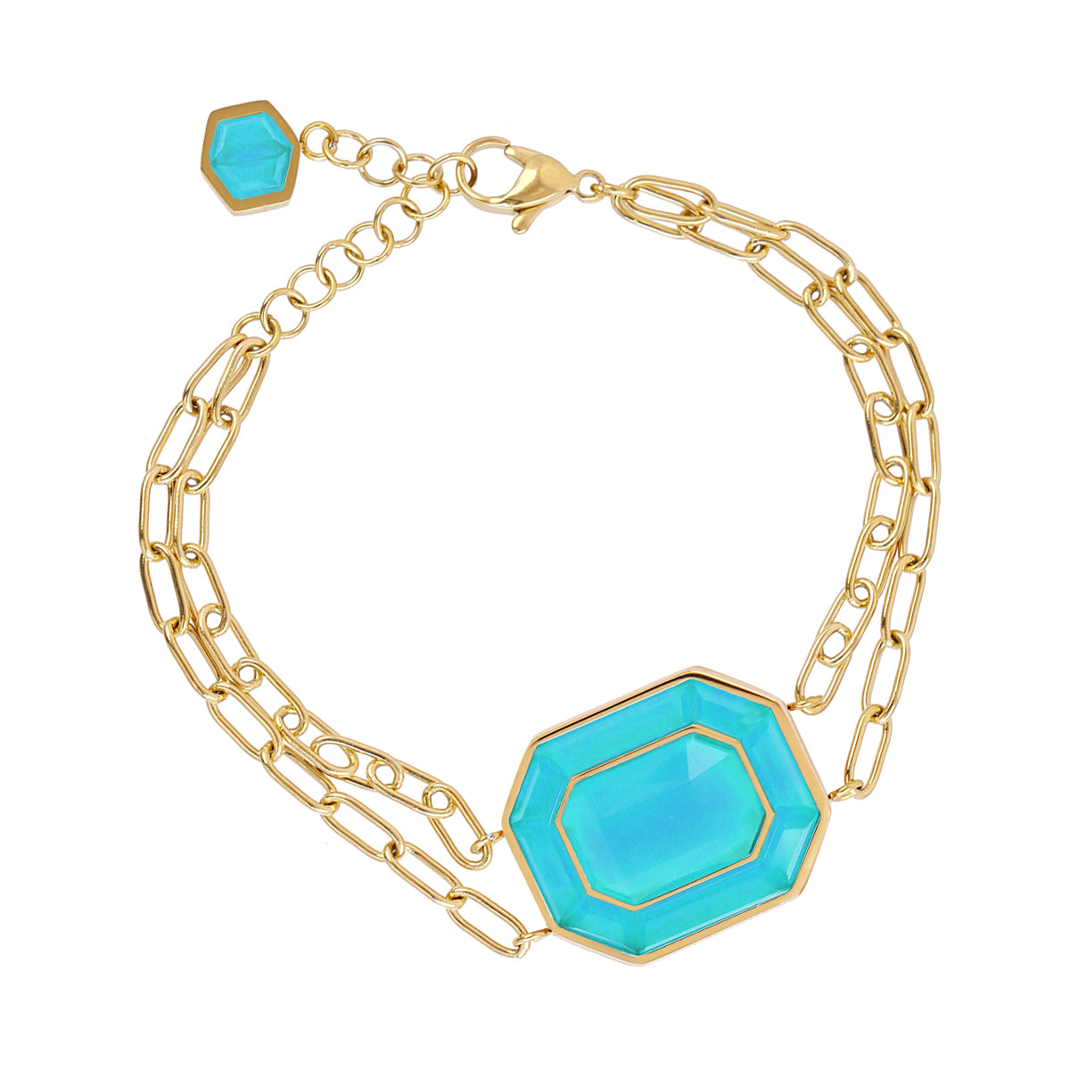 Bracelet femme acier doré pierre synthétique turquoise octogonale