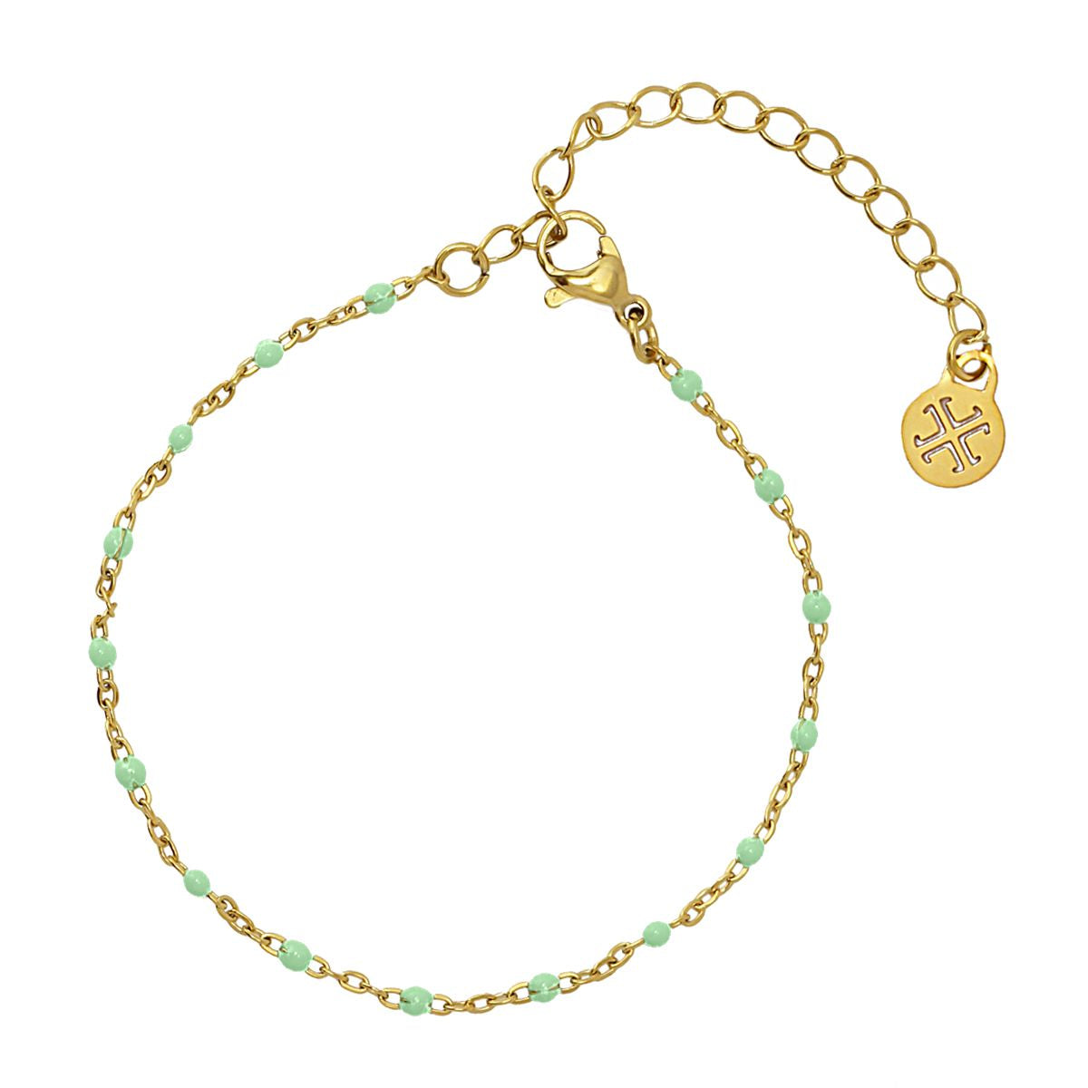Bracelet femme acier doré perles émail vert menthe réglable