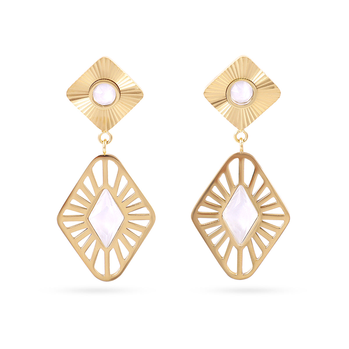 BOUCLES D'OREILLES - ACIER DORE - PIERRES SYNTHETIQUES BLANCHES