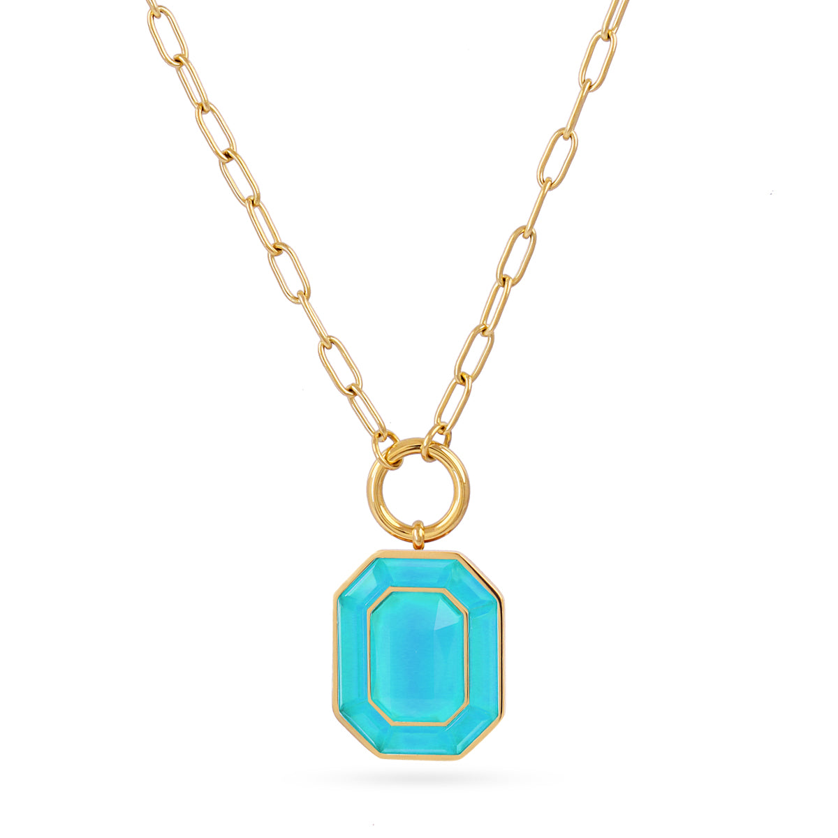 Collier femme acier doré pierre synthétique turquoise