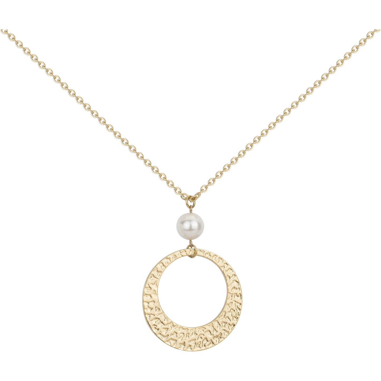 Collier femme acier doré anneau martelé et perle synthétique