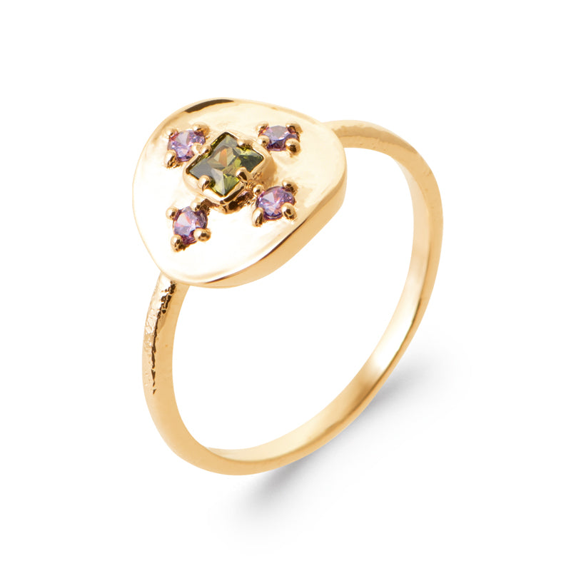 Bague femme dorée médaillon zirconia vert et violet