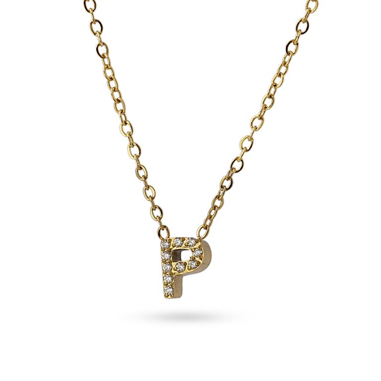 Collier femme acier jaune lettre P zirconia 38 cm