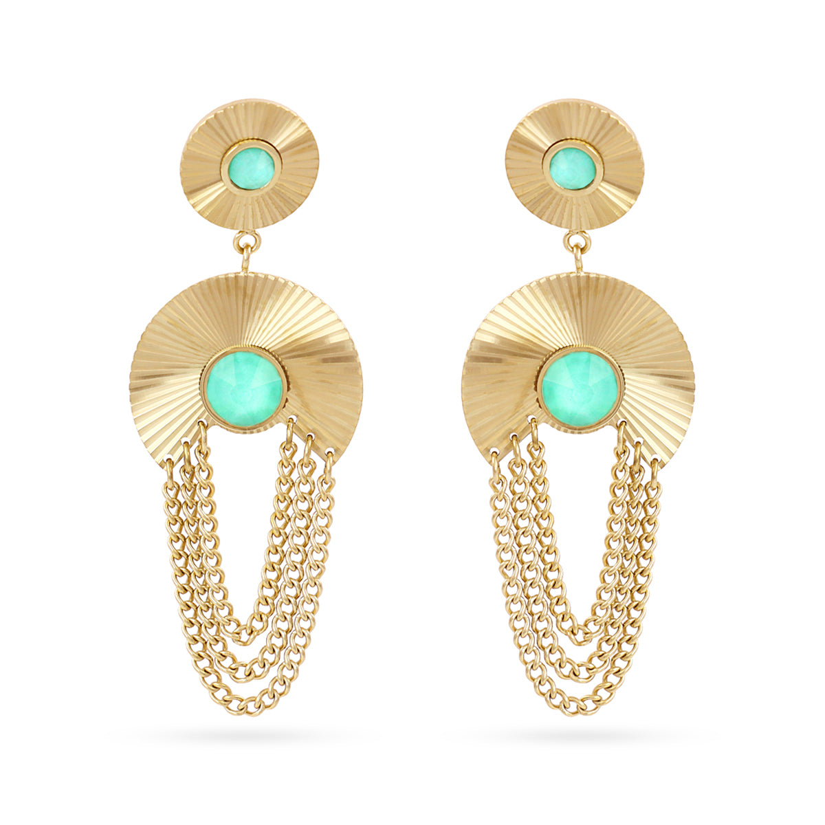 BOUCLES D'OREILLES - ACIER DORE - PIERRES SYNTHETIQUES VERT