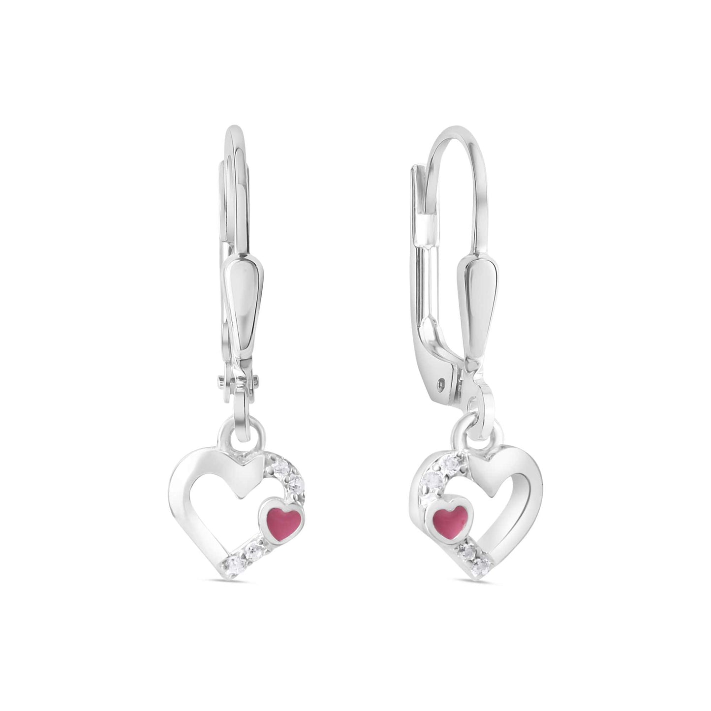 Boucles d'oreilles enfant argent 925 cœur zirconia laque rose