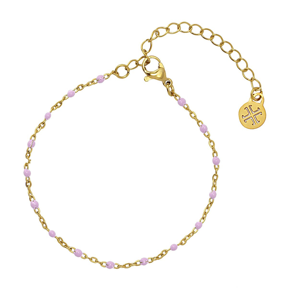 Bracelet femme acier doré chaîne perles émail lilas