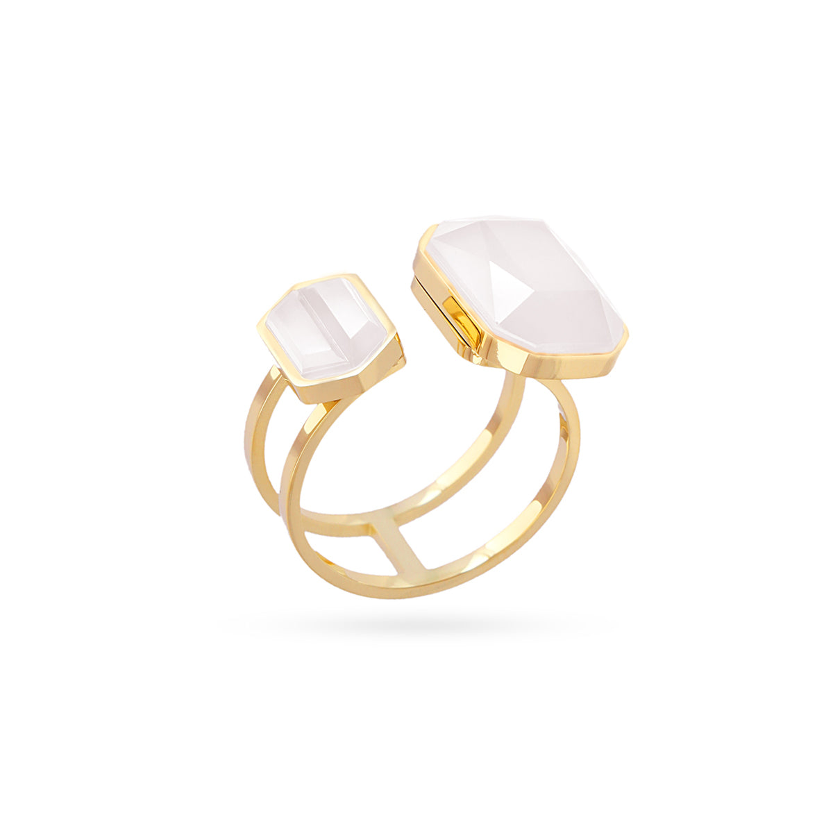 BAGUE - ACIER DORE - PIERRES SYNTHETIQUES BLANCHE - AJUSTABLE