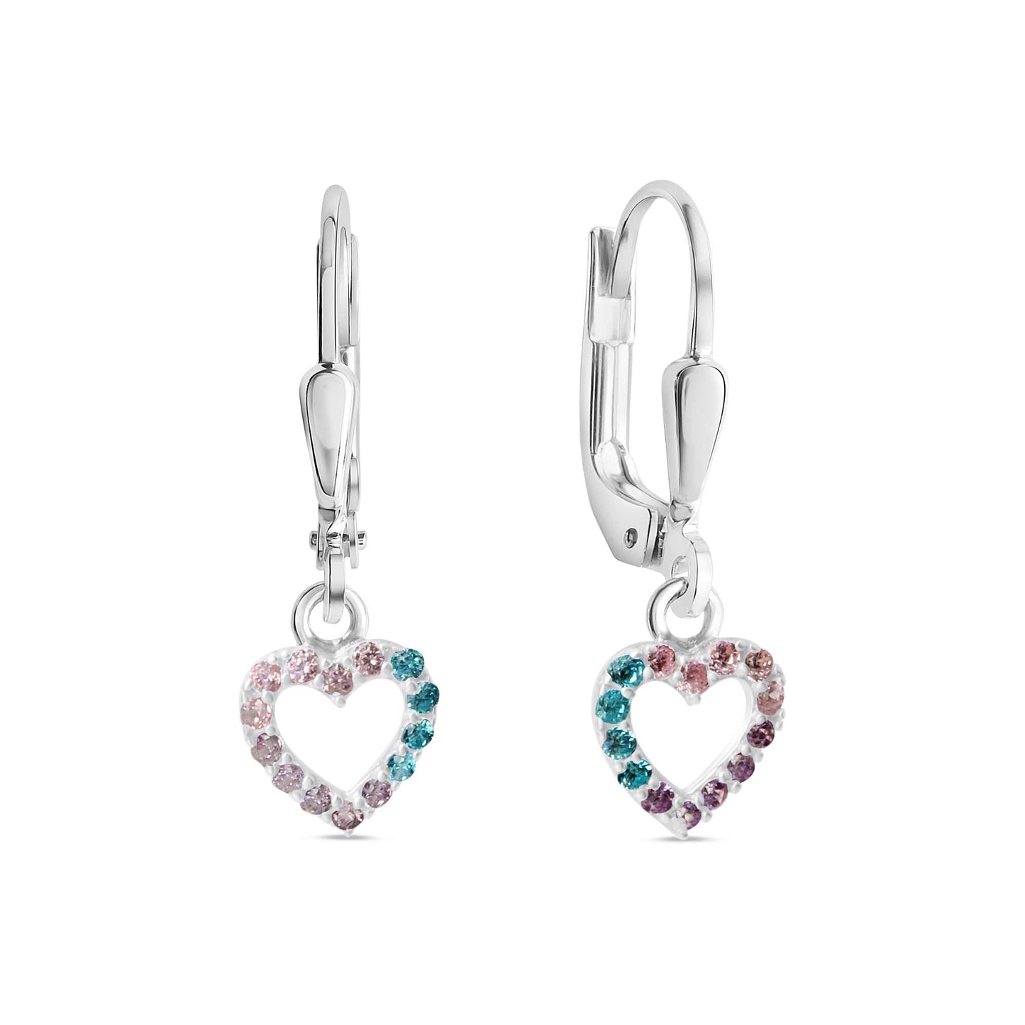 BOUCLES D'OREILLES ARGENT RHODIE - PENDANTE - COEUR - ZIRCONIA MULTICOLORE