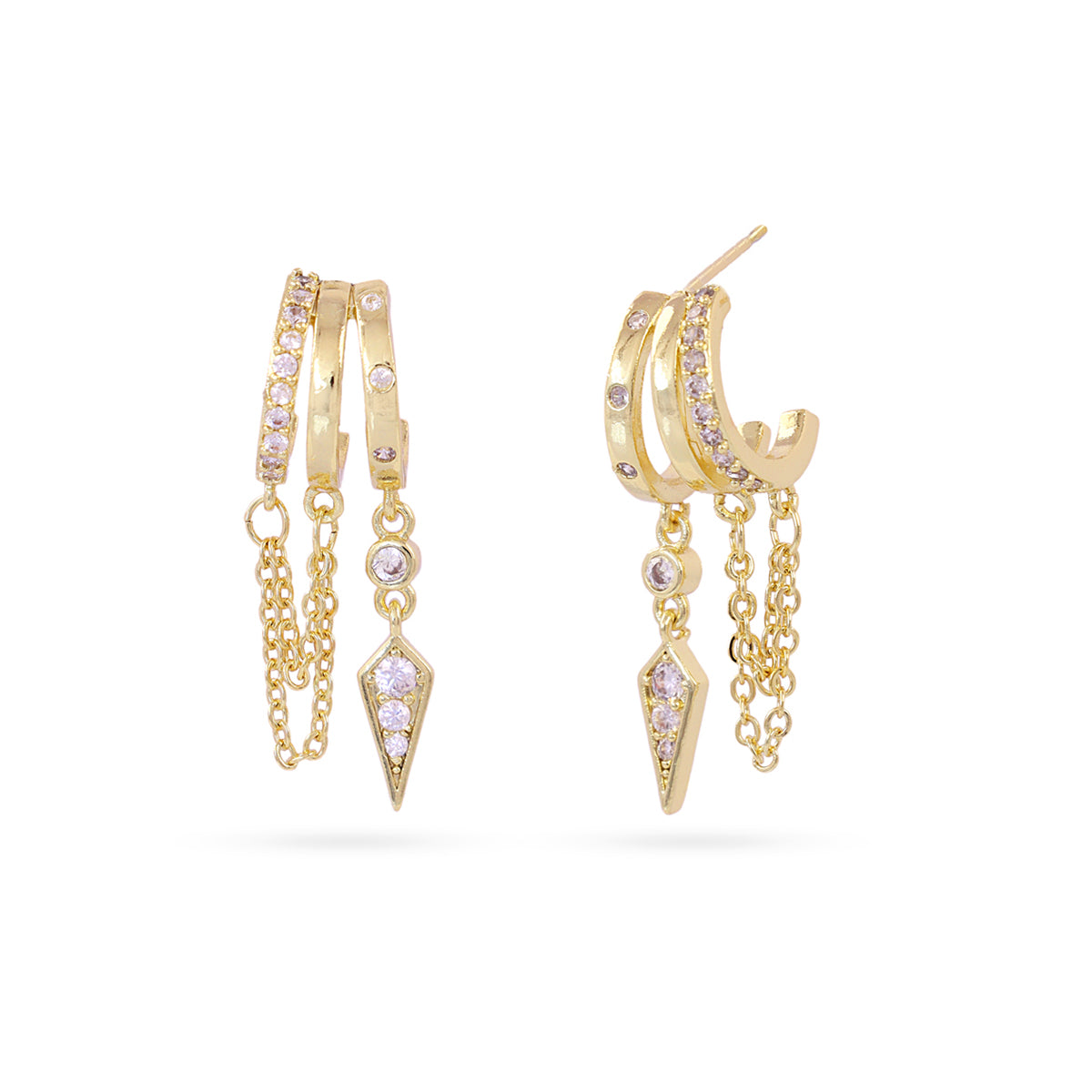 Boucles d'oreilles femme acier doré zirconia chaîne pendante