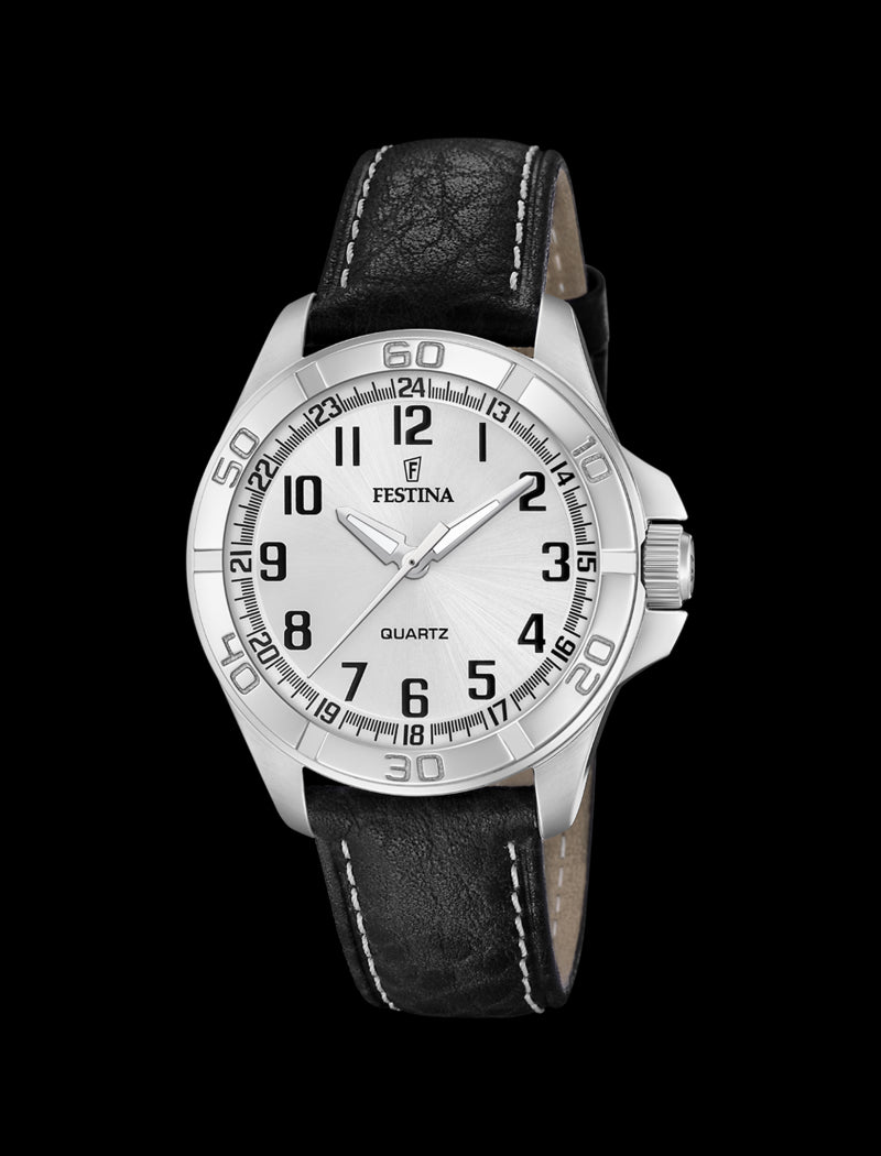 MONTRE ARGENTÉ, BRACELET CUIR, HOMME