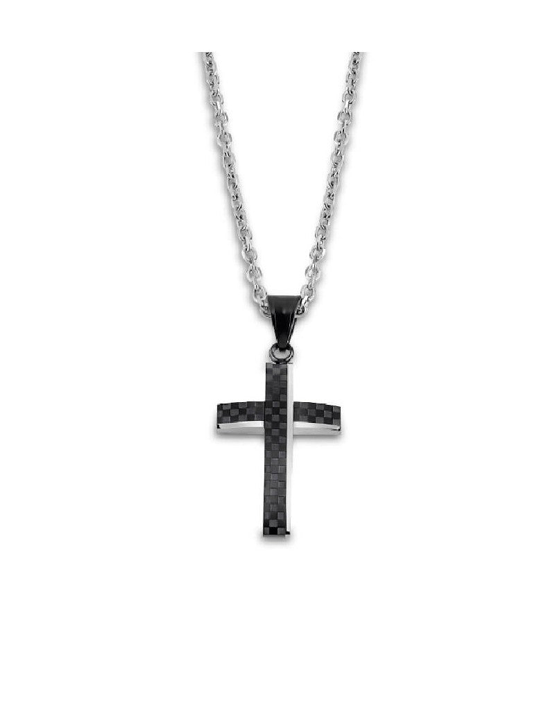 COLLIER CROIX HOMME LOTUS STYLE EN ACIER NOIR , HOMME