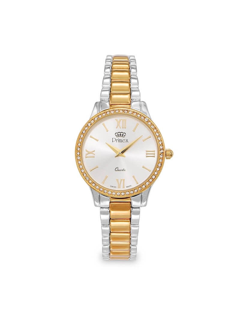 MONTRE DAME PRIMEX SWISS MADE - BRACELET METAL BICOLORE - CADRAN ARGENTE - ETANCHE 30M