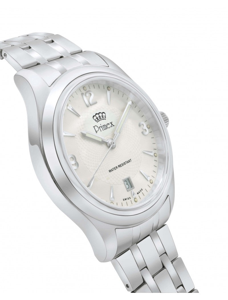 MONTRE PRIMEX SWISS MADE - BRACELET METAL ARGENTE - CADRAN BLANC - ETANCHE 50 M