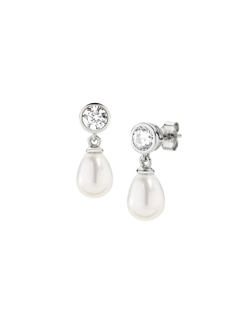 Boucles d'oreilles en argent sterling avec zircones blanches et perles naturelles - Rhodium
