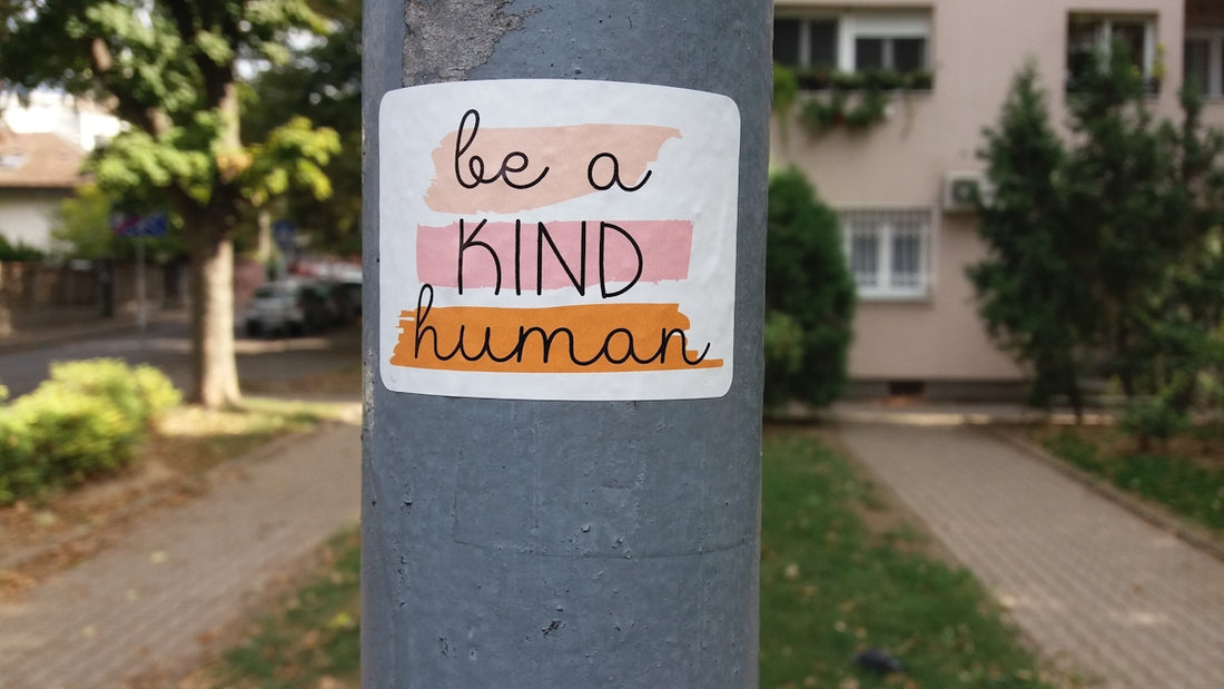 a sticker on a pole that says be a kind of human