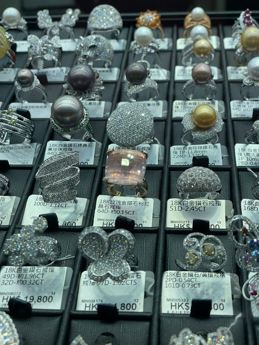 A display case filled with lots of different types of rings