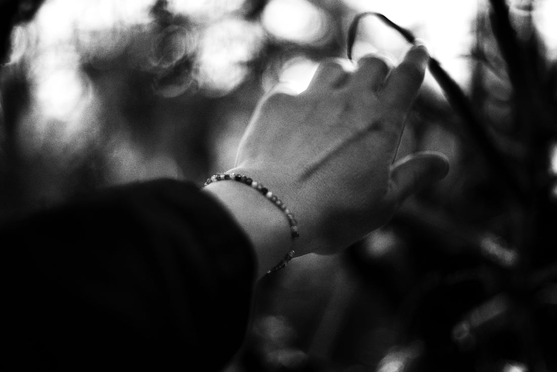A hand reaching for a branch with bokeh background